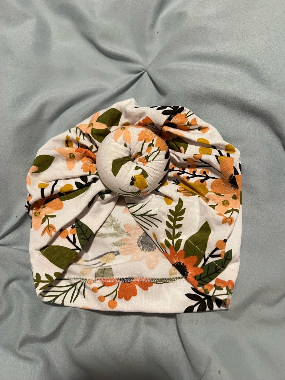 Baby Floral Knot Hat in cream, peach & olive